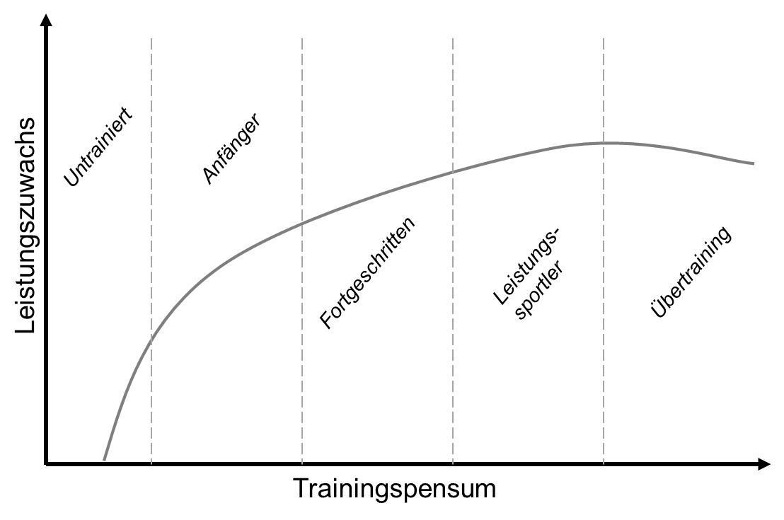 Lexikon - Auswirkung des Trainingszustandes auf den Leistungszuwachs bei steigendem Trainingspensum